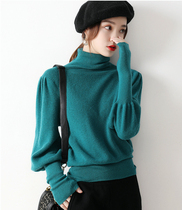 Vintage wool knitwear autumn new womens European court style Western style lantern sleeve high collar solid color pullover sweater