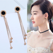 Korean temperament Roman numeral earrings female super fairy tassel earrings do not fade long Net red earrings titanium steel earrings