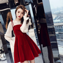 Long sleeve small evening dress women can usually wear banquet wine red short toast dress