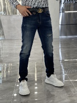 2021 autumn and winter new jeans men slim light color hole elastic feet washed pants European and American simple trend