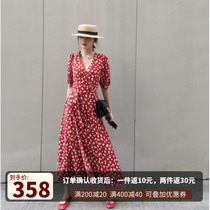  Red floral dress female 2021 summer new polka dot chiffon v-neck thin waist thin temperament long skirt female