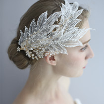 Cute bride European and American handmade large feather shape side clip Bridal shape side hair ornaments Fairy white exaggerated wedding tiara