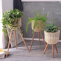 MimiHome Wooden floor-to-ceiling flower rack High and low flowerpots Grass woven flower basket floor decoration living room balcony simple pastoral