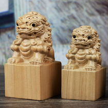 Peach Wood lion seal ornaments wood carving seals home desk study ornaments