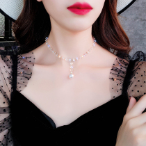 Temperament Joker Pearl Necklace Female hipster Fairy Crystal Pendant Tide Short net Red choker Neck Jewelry