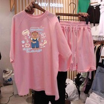 Sports Suit Womens Summer Net Red Port Wind Ins Cartoon Printed T-Shirt Blouse Shorts Casual Two-piece Set