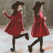 Girls plus velvet padded red high collar sweater dress base shirt autumn and winter children Korean version of long skirt