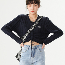 Casual 100 hitch short knit slim sweater 2021 Fall new retro draw rope V collar blouse