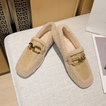Lamb Wool Bean Shoes Women Winter Plus Suede Net Red Metal Buckle Thick Bottom Square Head One Foot foot Lazy Sweater Shoes Outwear