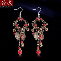 Original Handmade Jewelry earrings without ear clip European and American retro imitation turquoise whisper long tassel earrings Red