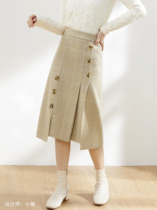 Seven quantities a cut small autumn and winter temperament elegant yellow irregular split plaid skirt 805