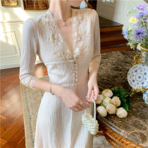 Flower Xieli 2021 Autumn New Gentle wind high waist thin a-shaped evening dress female French retro lace dress