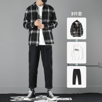 Plaid shirt mens long sleeve Korean trend spring and autumn shirt Ruffian handsome mens set with handsome casual set