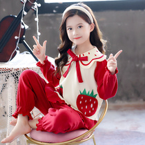 Girls  pajamas spring and Autumn pure cotton long-sleeved thin section childrens baby princess Middle and large virgin girl home clothes cartoon suit