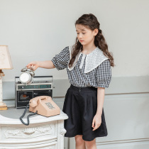 2021 Korean girls summer fashion suit Middle and large childrens Korean plaid shirt summer casual shorts two-piece set
