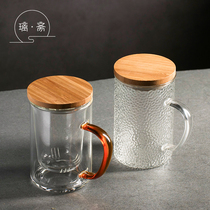 Haneda bamboo cover three-piece glass transparent glass office water cup tea cup with bamboo cover filter tea separation
