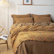 Type A pure cotton color weave washed double layer yarn four pieces cover large jacquard retro style high-end bed goods gauze four pieces