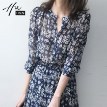 Printed dress 2021 new summer Korean version of the long section of the cold wind slim small floral pleated long dress female tide