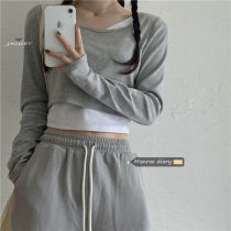 Fake two high waist long sleeve short T-shirt female 2021 New Korean spring autumn slim slim Joker base shirt