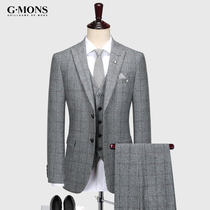 Wool suit suit mens gray plaid suit Groom wedding dress Business formal slim winter thick section