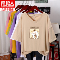 Japanese cartoon print fat mm size womens summer belly cover short sleeve t-shirt womens 200kg loose V-neck jacket