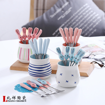 Creative household cute ceramic stainless steel fruit fork small fork snack fork dessert fork fruit fork fork set