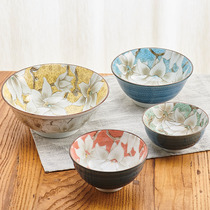 Ceramic king]Japanese imported Mino-yaki ceramic tableware Japanese underglaze color wooden lotus rice bowl Soup bowl Noodle bowl multi-purpose