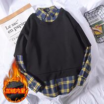 ins Plaid splicing fake two spring and autumn clothes male students autumn and winter loose shirt collar Korean tide long sleeve shirt