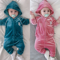 Baby girl gold velvet suit two-piece split baby go out to wear mens cardigan autumn and winter clothes spring and autumn autumn clothes
