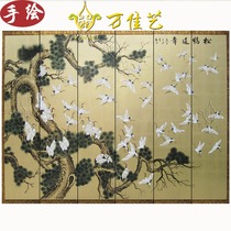  Songhe longevity gold leaf hand-painted flowers and birds paint painting New Chinese hotel painted crane background wall living room decoration painting