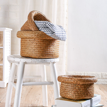 Grass-knitted desktop containing basket round containing basket Woven Containing Box Round Fruit Tray Creative Flower Pot Decorative Basket