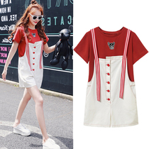 Pregnant Woman Summer Clothing Suit 2022 New Loose Laced T-shirt Han Version Denim Back Belt Pants Casual Fashion Two Sets