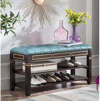 New Chinese solid wood genuine leather shoe changing stool door shoe rack storage wearing shoes stool living-room room cloakroom couch stool