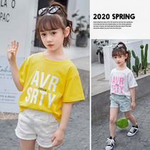 Girls short-sleeved T-shirt 2021 new Zhongda childrens clothing fashion summer dress foreign style base shirt girls summer Korean version of the top