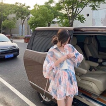 Suit woman 2021 new summer long sleeve snowspun shirt half body dress foreign air net red two sets of short skirts