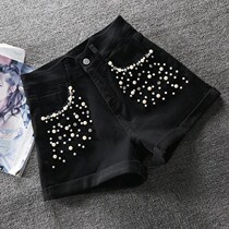 Black Cowboy Shorts Women Summer New 2022 Fashion Nail Beads High Waist Wide Leg Loose slim A-word hot pants