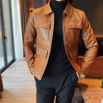Tide Cards New Spring Fall Collar Leather Clothing Mens Body Leather Locomotive Clothes Korean Version Trend Handsome and Casual Jacket Jacket