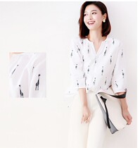 Japanese Womens Classic simple pop style fawn print 7-point sleeve slim and comfortable breathable cotton and linen blouse