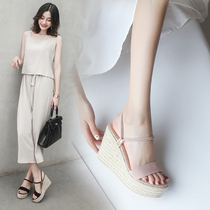 Sandals Fairy Wind 2021 Summer New Joker Leather Thick Bottom Slope with Two Wearing Roman Straw Sandals