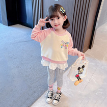 Girl Spring Autumn Beat Bottom Pants Suit Foreign Air 2021 New Children Long Sleeve Cute Female Baby Round Collar Autumn Clothing Two