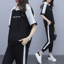 2021 summer new fat mm plus fat plus size womens 200 Jin sports casual wear hooded T-shirt two-piece set