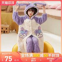 Childrens flannel pajamas girls autumn winter cartoon velvet thickened coral fleece girls mid-length loungewear set