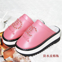 High-heeled lint slippers womens thick bottom winter warm PU waterproof non-slip foam bottom cotton shoes indoor and outdoor muffin wedge heel