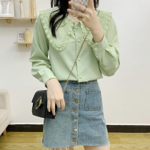 Autumn New Agaric Upright Collar Long Sleeve Loose Snow Spinning Shirt Lotus Leaf Side Blouse-Style Blouse Doll Collar Splicing