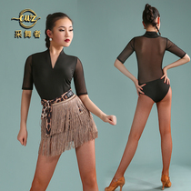 CWZ Latin Dance Dress Female New Dance Clothes Sexy Long-sleeved Web V-collar Training and Dance Costume