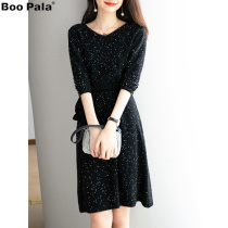 Boo Pala temperament show thin black dress 2021 autumn new belt sequins V collar small man dress