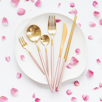 Pink handle gold Western tableware electroplating stainless steel steak knife fork round soup spoon chopsticks fruit fork coffee spoon