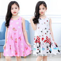 Childrens cotton and linen dress Pastoral wind sleeveless summer dress Girls cartoon thin dress loose casual night dress