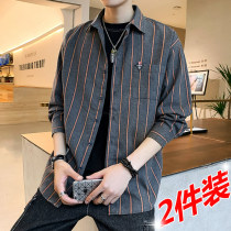 Shirt mens long sleeves Korean version of the trend casual quarter sleeve clothes autumn loose handsome stripes shirt fashion brand mens clothing