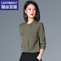 Lusi Belle Army Green Chiffon Blouse Women Long Sleeve 2021 Spring and Autumn New Stand Collar Top Collar Shirt